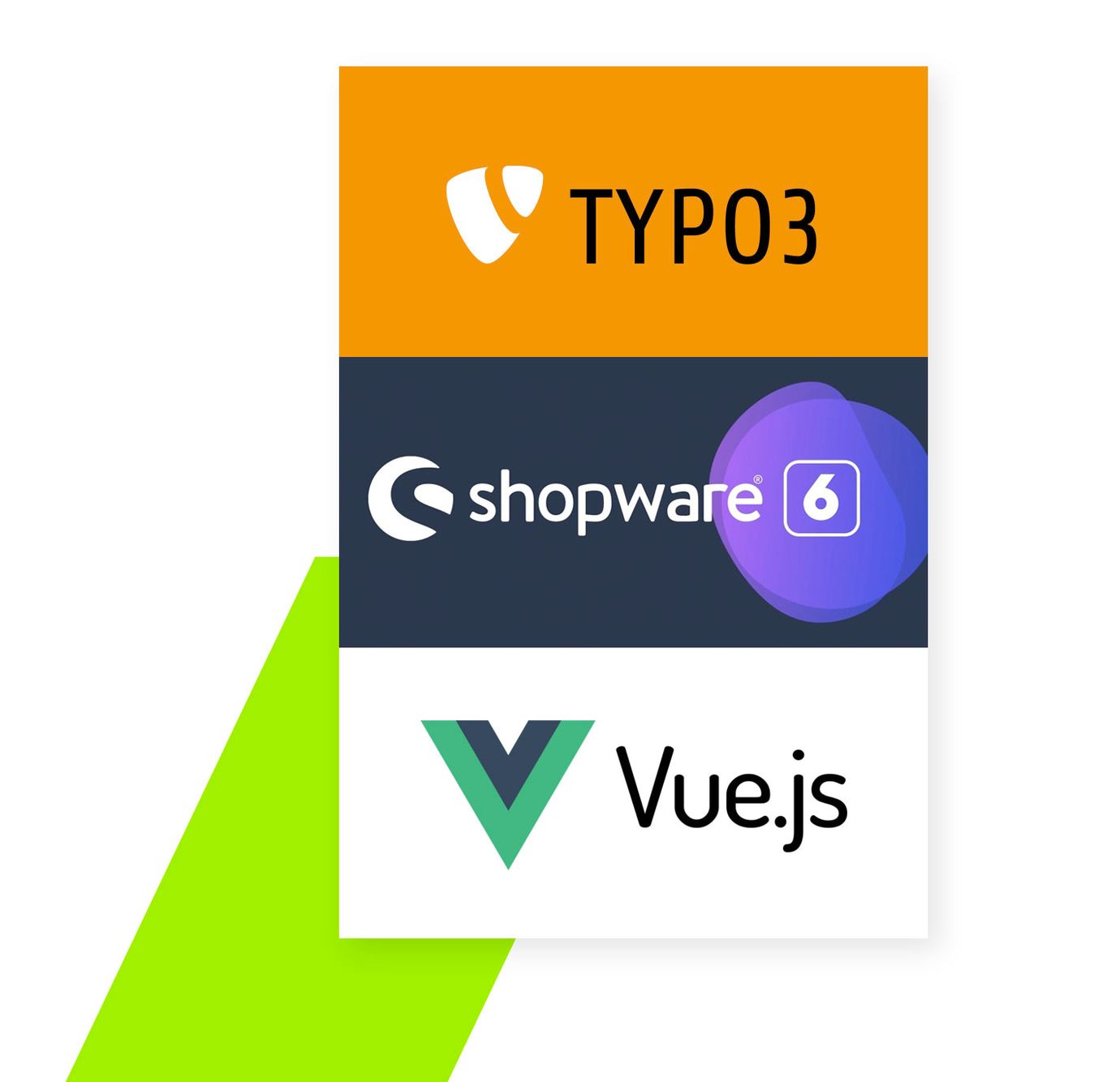 Typoe 3, Shopware und Vue.js Logos