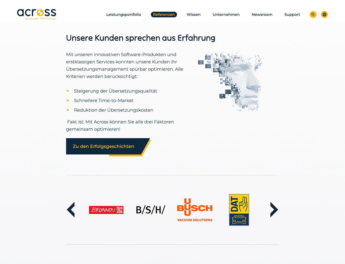 Across Screenshot der Webseite