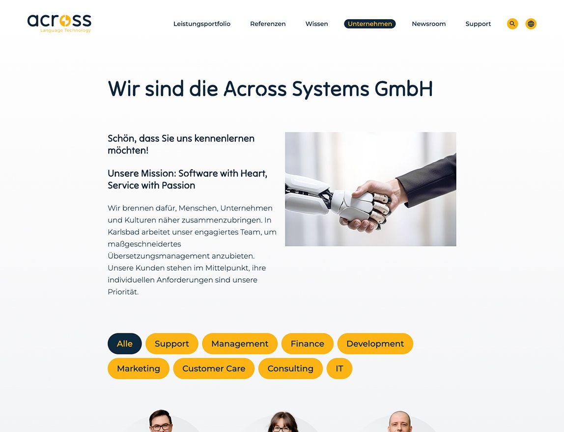 Across Screenshot der Webseite