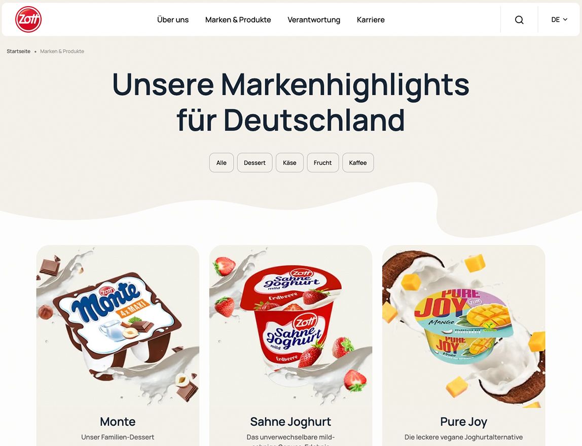 Screenshot vom Projekt Zott Dairy